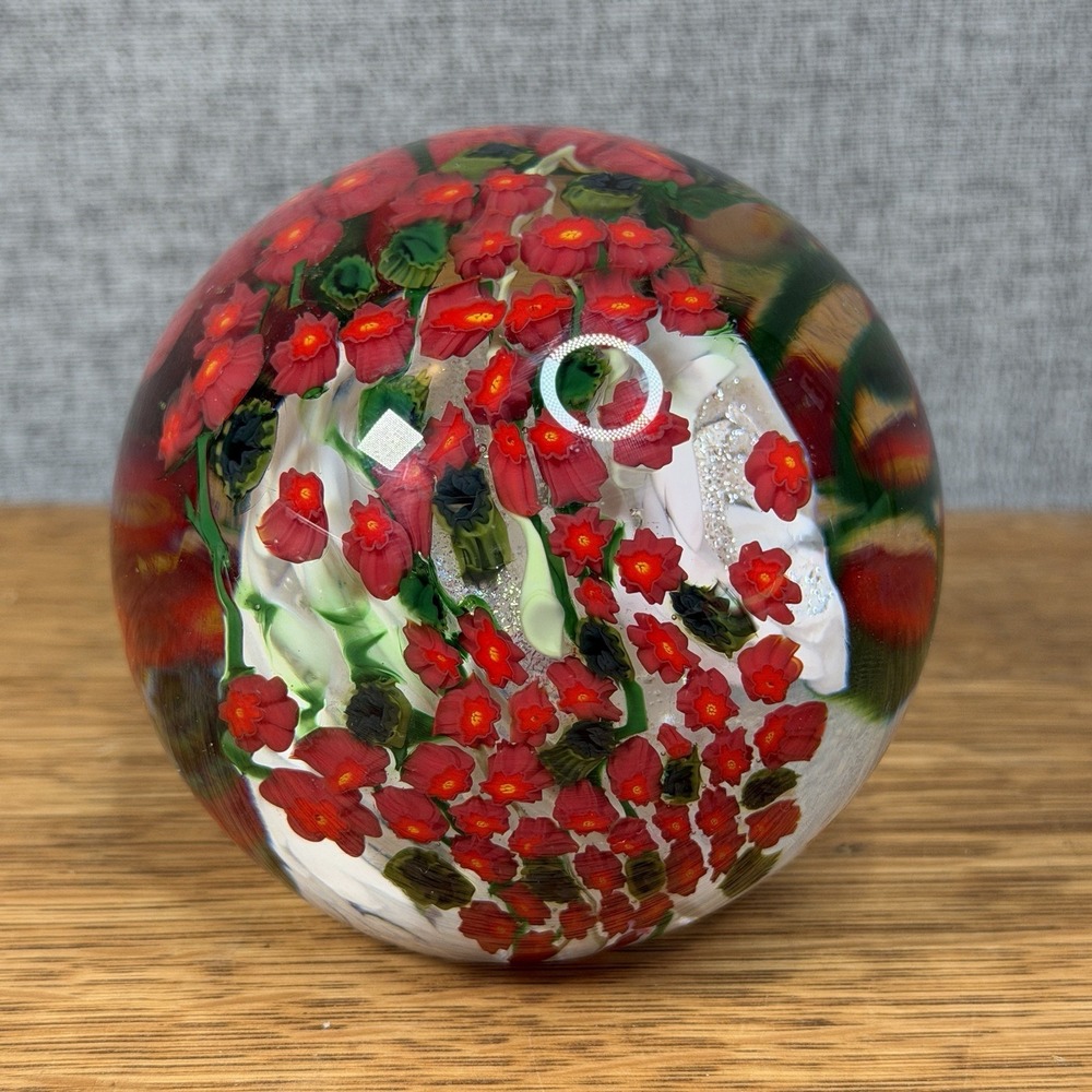 Shawn Messenger "Poinsettia" 2011 Signed Magnum Art Glass Floral Paperweight - Picture 2 of 10